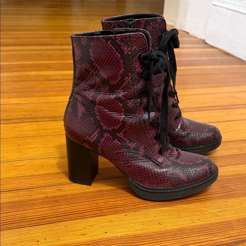 Chic Burgundy Lace-Up Snake Print Boots